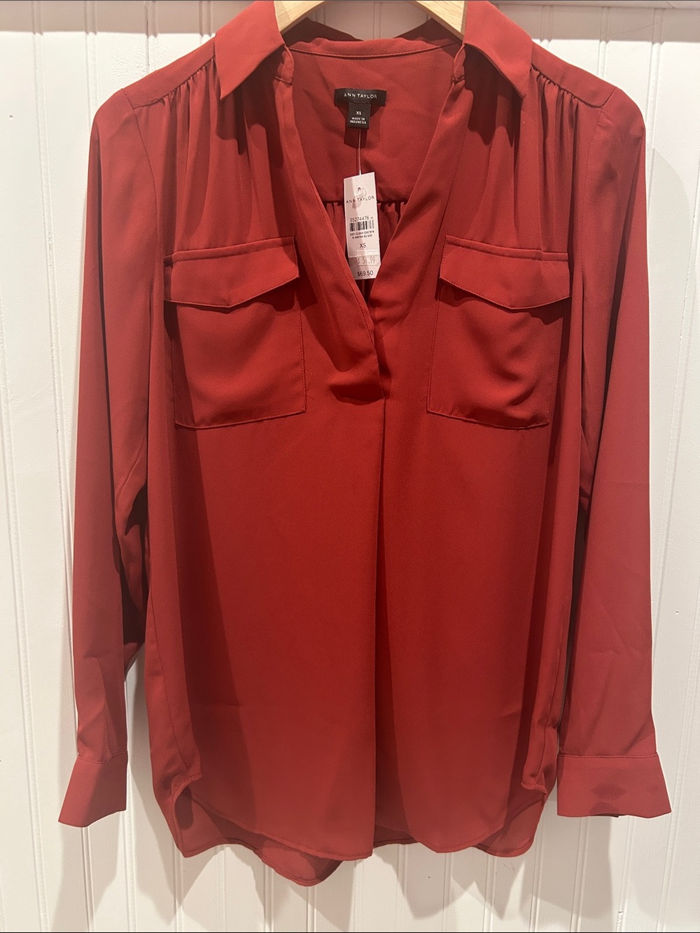 Ann Taylor Rust-Red Button-Front Blouse with Chest Flap Pockets